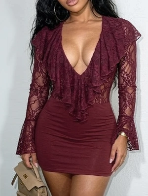 Deep V Neck Lace Ruffle Sheer Mini Dress