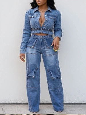 Washed Denim Jackets Multi Pocket Pant Sets