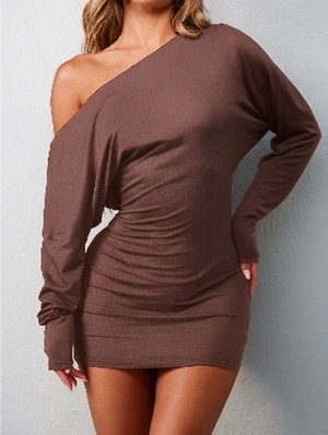 One Shoulder Ruched Waist Long Sleeve Dress