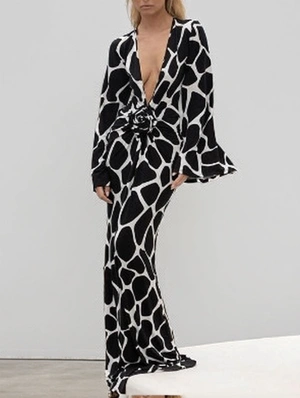 Deep V Neck Flower Decor Split Hem Maxi Dress