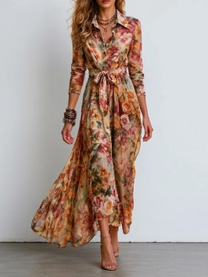Retro Floral Tie Waist Long Sleeve Shirt Dress