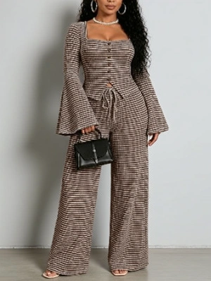 Striped Trumpet Sleeve Casual Pant Sets