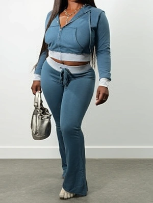 Contrast Cropped Hooded Flared Pant Sets