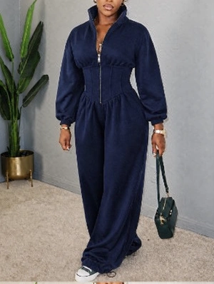 Lapel Zipper Ankle-tied Wide Leg Jumpsuits