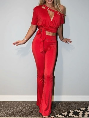 Eyelets Inclined Shoulder Flared Pant Sets
