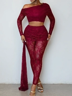 Lace Sheer Inclined Shoulder Ribbons Pant Sets