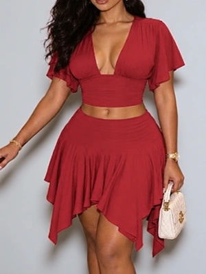Ruffle V Neck Cropped A-line Skirt Sets