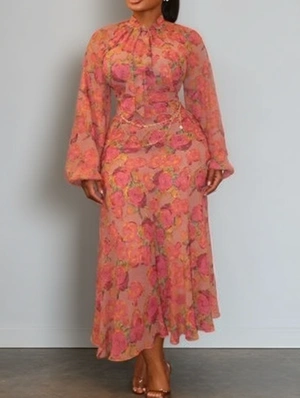 Contrast Floral Long Sleeve Maxi Dress