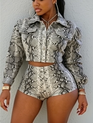 Snake Print Leather Cropped Shirt Short Sets