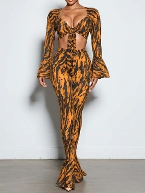 Tiger Striped Bandage Cropped Flared Pant Sets