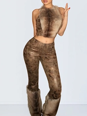 Fluff Snake Print Halter Backless Fur Trim Pant Sets