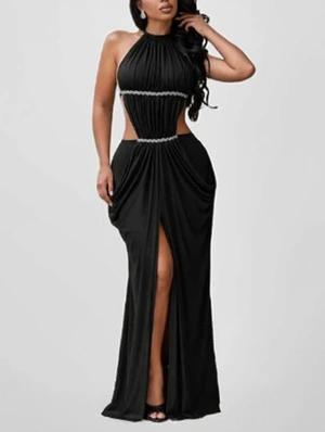 Ruched Halter Backless Split Hem Maxi Dress