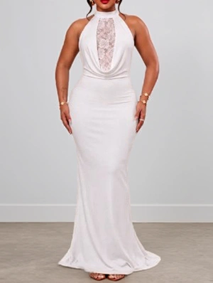 Lace Panel Halter Backless Maxi Dress