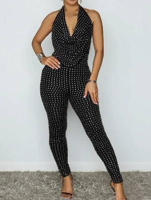 Rhinestones Halter Tie-wrap Jumpsuits