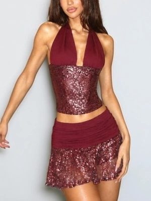 Sequin Halter Backless Lace-Up Skort Sets