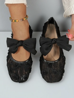 Bow Lace Panel Mary Jane Ballet Flats