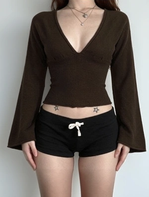 V Neck Long Sleeve Loose Design Tops