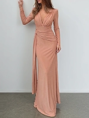 Pure Color Smocking Long Sleeve Sleeveless Dress