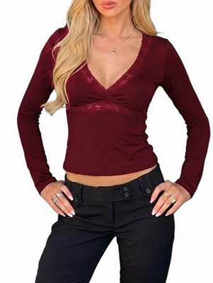 V Neck Long Sleeve Knitting T-shirts