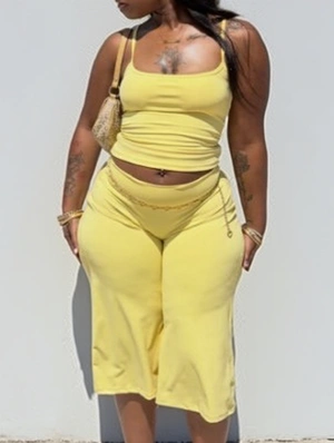 Solid Cropped Wide Leg Capri Pants Sets