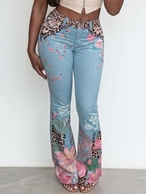 Floral Leopard Bodycon Flare Leg Pants