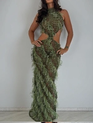 Tassel Halter Backless Lace-Up Maxi Dress