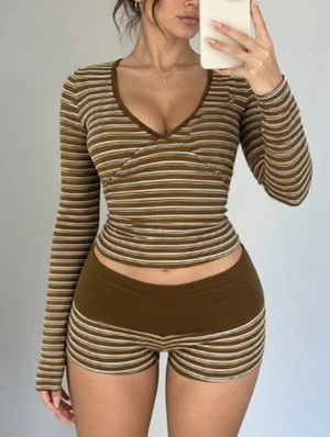 Striped V Neck Long Sleeve Shorts Sets