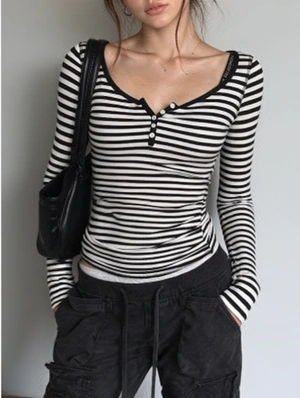 Retro Striped Button Neck Fitted Long Sleeve Top