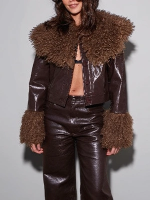 Trendy Faux Fur Collar Leather Jacket Outerwear