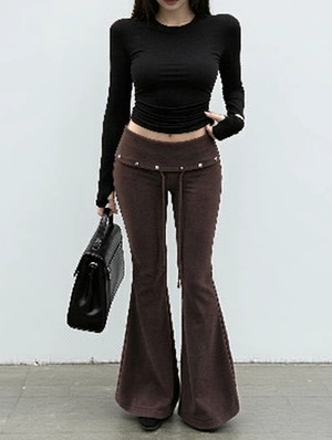 Chic Low Rise Tie Waist Rivet Flared Knit Trousers