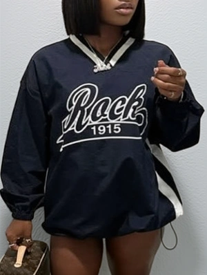 Letter Printed V Neck Drawstring Loose Jerseys