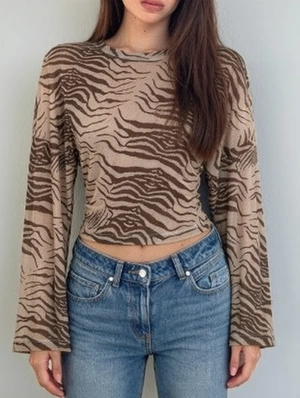 Zebra Bodycon Long Sleeve Cropped Tops