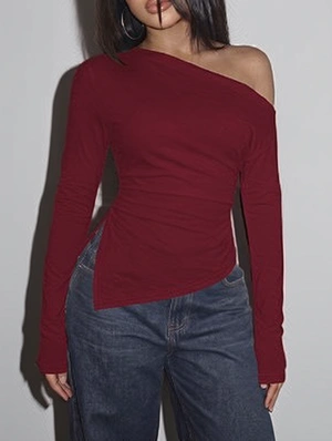Asymmetrical Inclined Shoulder Long Sleeve T-shirts