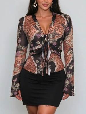 Floral Leopard Ruffle Tie-wrap Blouses