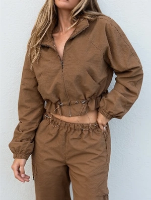 Retro Lapel Zip Drawstring Cropped Jacket