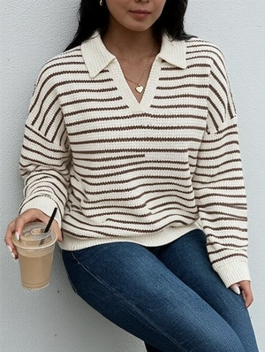 Striped Walf Checks Lapel Loose Sweatshirts