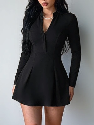 Solid Color V Neck Cargo Long Sleeve Dress