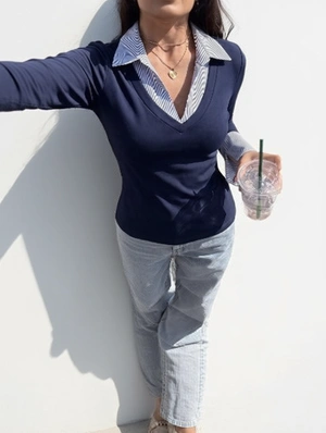 Color Matching Striped Faux Two-Piece T-shirts