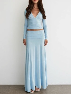 Deep V Crop Top Ruched Skirt Set