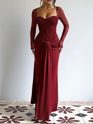Beaded Mesh Sleeve Mermaid Gown