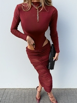 Skinny Bodysuits Ruched Gauze Sheer Skirt Sets