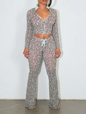 Leopard Cropped Zipper Coats Pant Sets