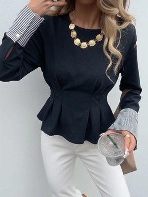 Patchwork Striped Faux Two-Piece T-shirts