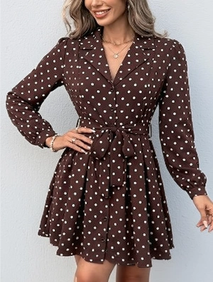Lace Up Down Collar Polka Dots Dress
