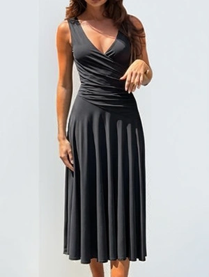 V Neck Ruched Ruffle Midi Dress