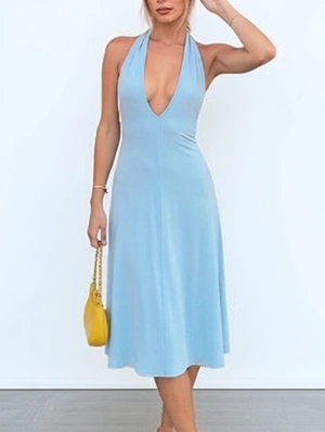 French Halter Backless Midi Dress