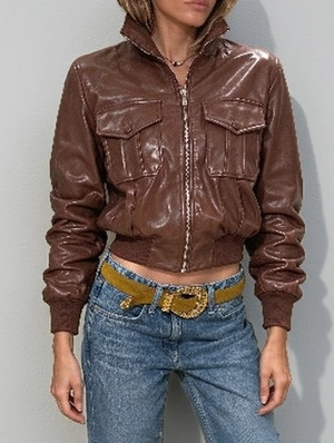 Cropped Leather Zip Pocket Bomber Jacket