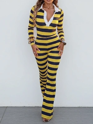 Contrast Striped Cropped Polo Flared Pant Sets