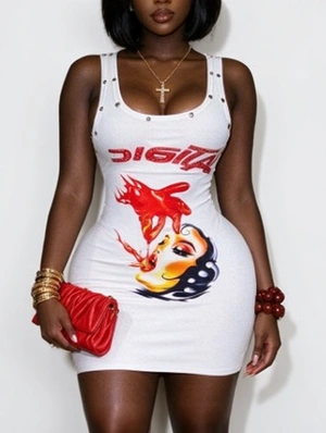 Abstract Printed Sleeveless Studded Mini Dress