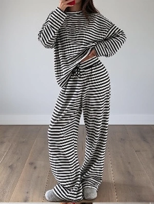 Striped Top Drawstring Straight Pants Lounge Set